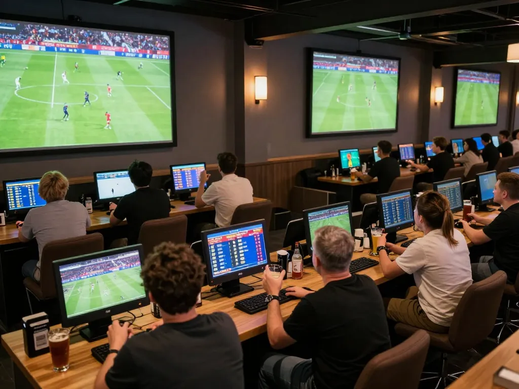 Excited fans celebrating wins while placing bets at 188 bet sports lounge during a live soccer match.