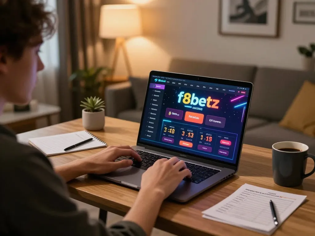 Engaged user exploring f8betz online casino interface during a cozy home gaming session