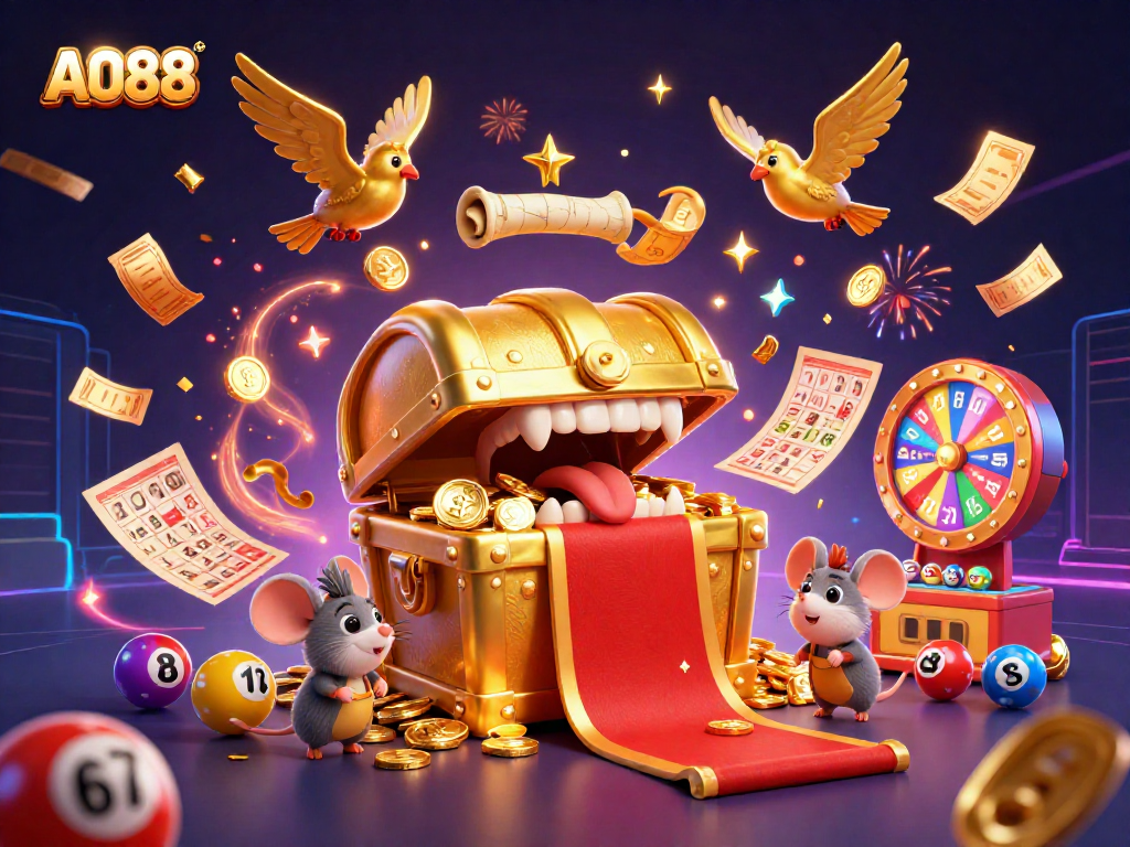 Experience exciting gaming with AO88's vibrant slot and lottery elements in a dynamic scene.