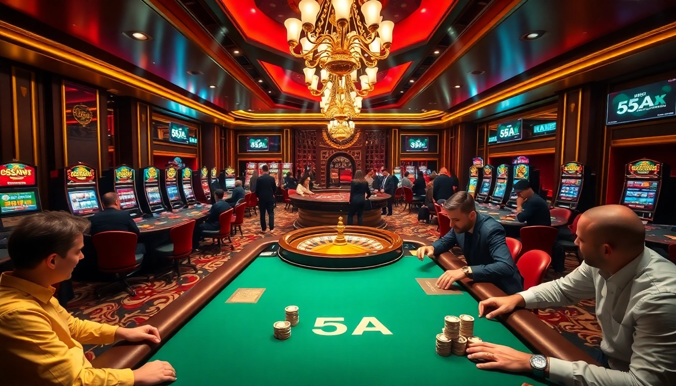 Players engaging with the vibrant casino atmosphere of 65A, featuring roulette and poker games.