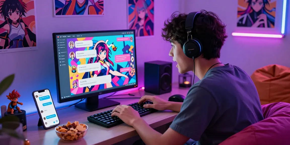 Engaging interaction with ecchi chat AI showcasing vibrant character dialogues on a sleek laptop in a colorful anime-themed room.