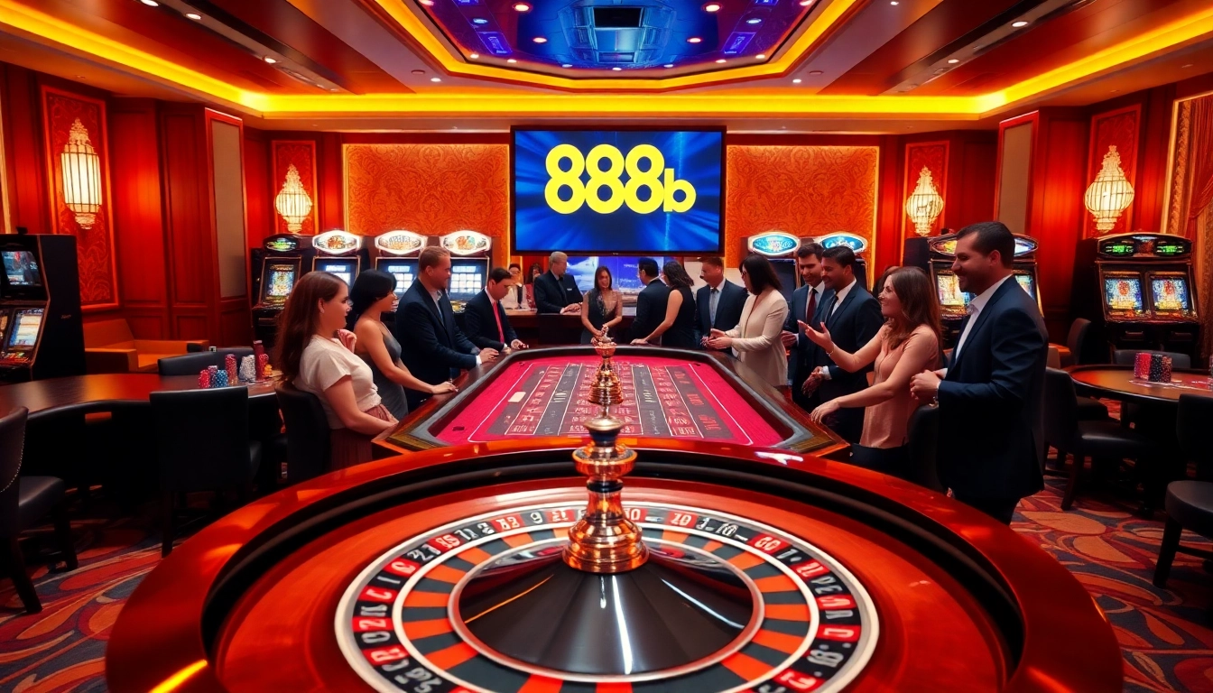 Excited players engaging at a luxurious casino with the 888b logo showcased prominently.
