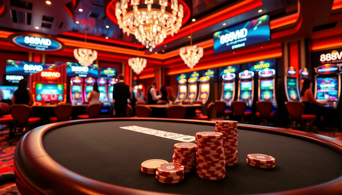 Experience the thrilling ambiance of 888VND's casino, featuring poker tables and vibrant slot machines.