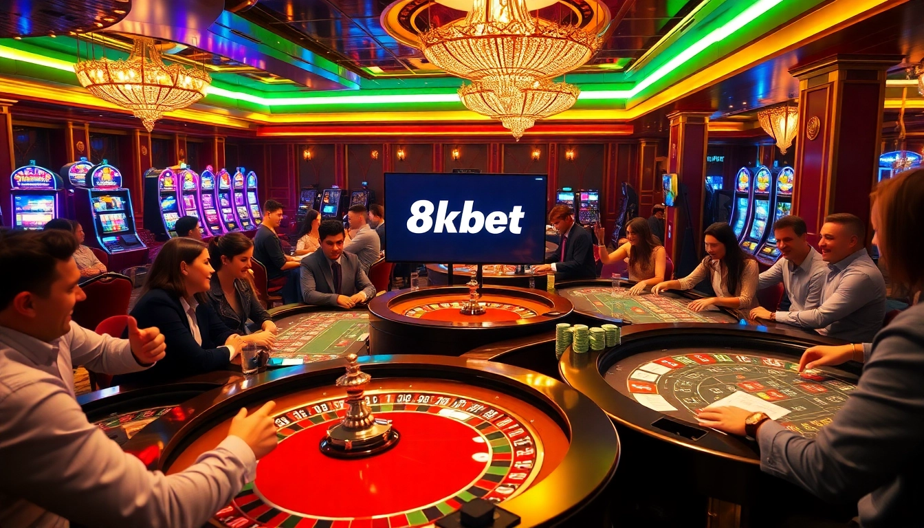 Players enjoying thrilling games at 8kbet casino, featuring roulette and poker tables.
