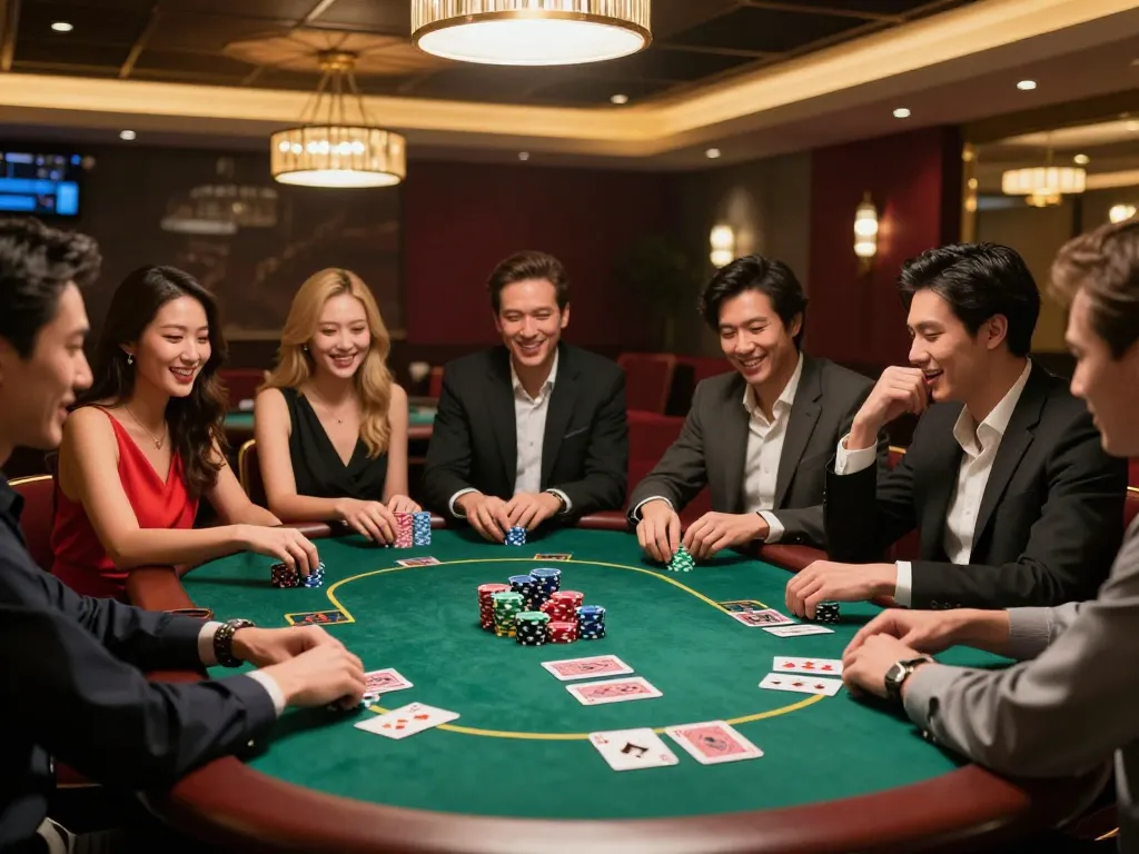 Players enjoying a thrilling poker game at GI88 casino, sharing laughs and excitement.
