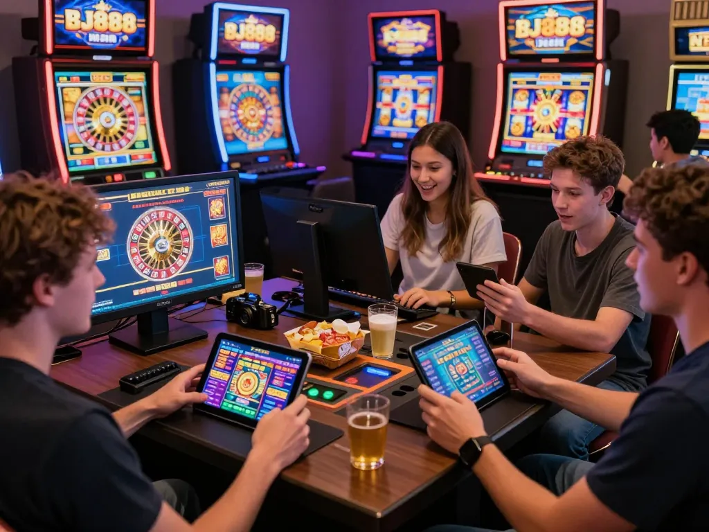 Players enjoying the BJ888 gaming platform in a vibrant home setting with digital games.