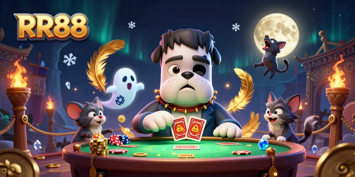 RR88 delights players with an engaging ghostly casino scene featuring a Frankenstein bulldog, ghost mouse, and werewolf kitten.