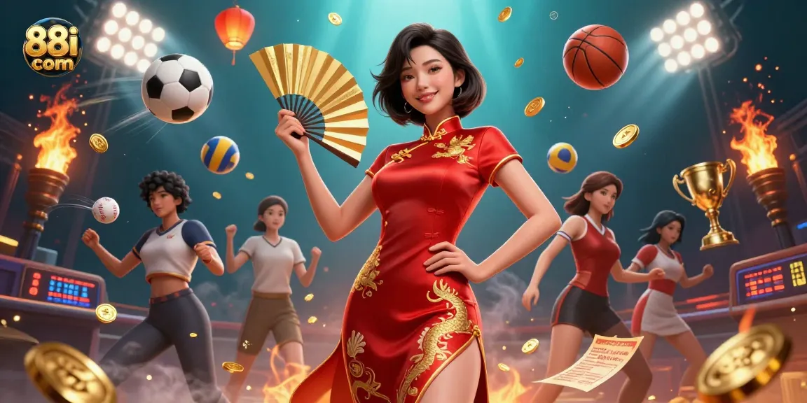 Experience the excitement of betting at 88i com with a vibrant illustration showcasing dynamic sports elements and a confident Asian woman.