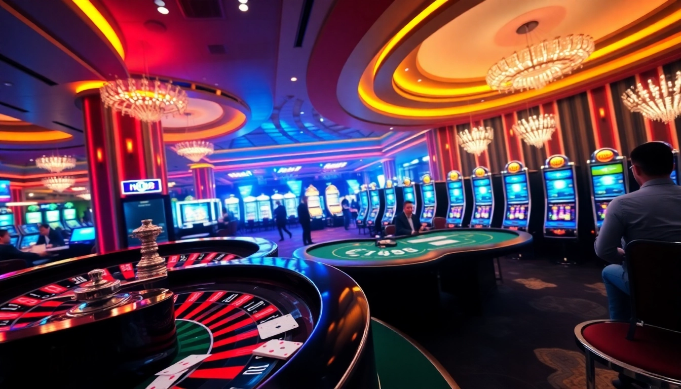 Players enjoying thrilling games at NK88 Casino, with roulette and poker tables.