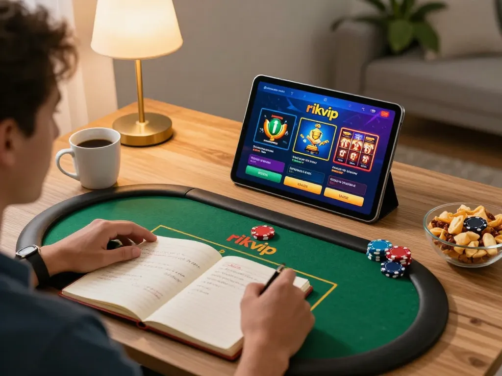 Engaged player using rikvip app on tablet, analyzing strategies at home for responsible gaming.