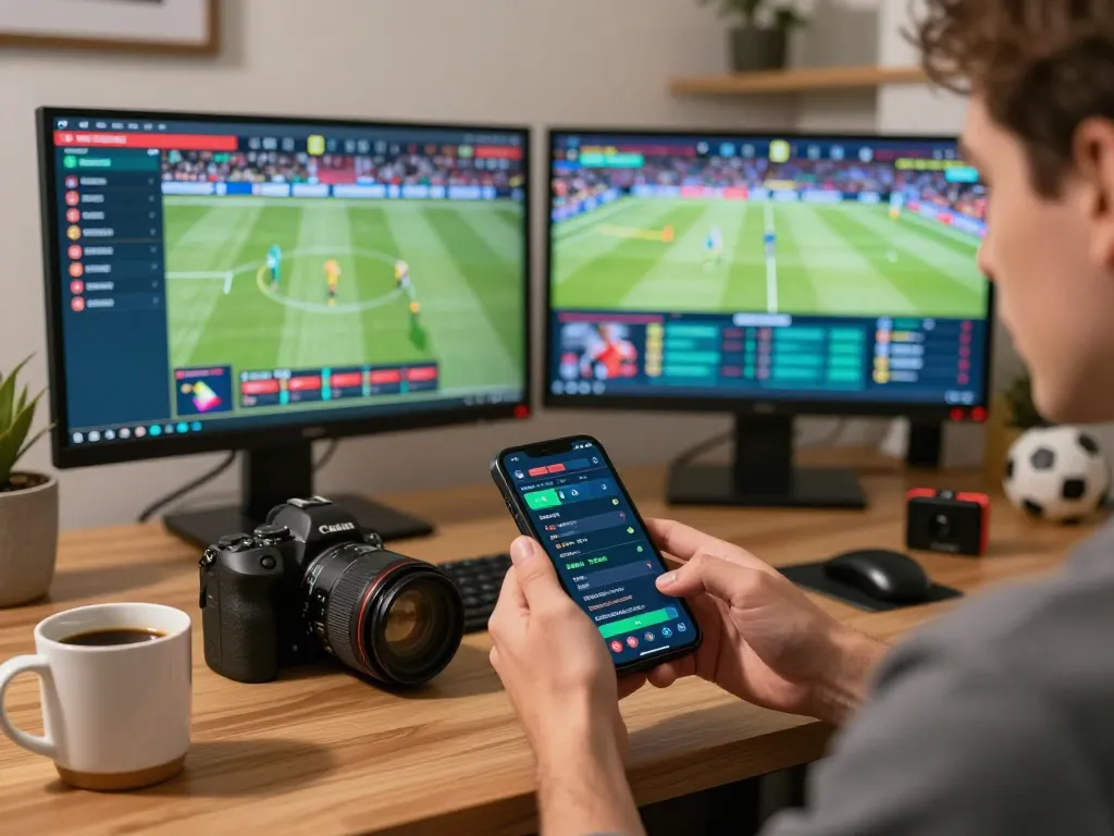 Bsport user placing bets on a mobile app in a cozy home office, enjoying online sports betting.