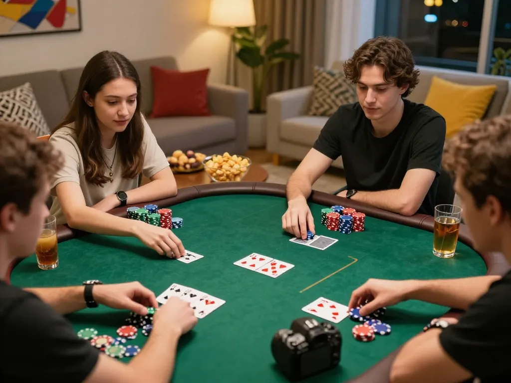 Engaging poker players analyzing hands during a home game related to go8.