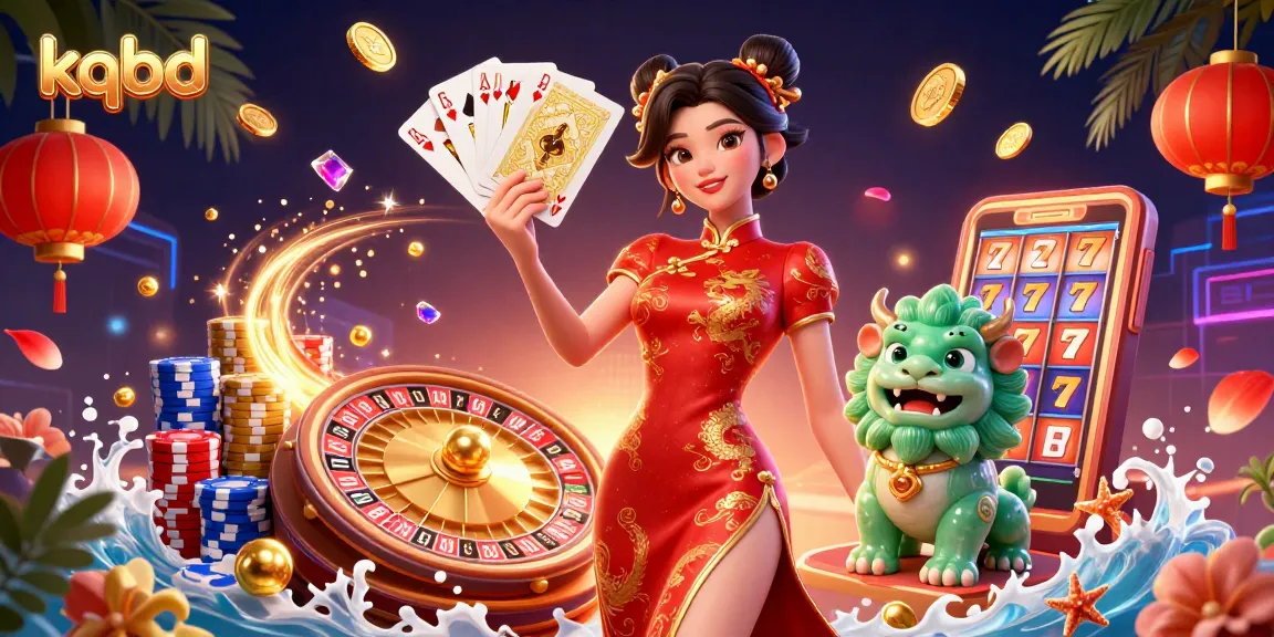 Engage with kqbd's exciting gambling scene featuring a woman in a qipao, golden cards, and vibrant casino elements.