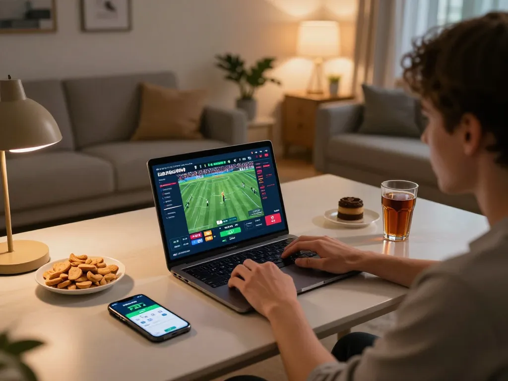 Person engaged in online sports betting on Net88 from a cozy home setup with laptop and snacks.