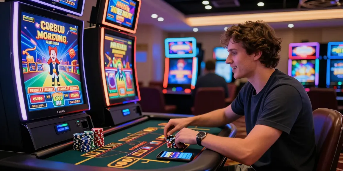 Exciting moment at a credit card casino featuring a player engaging with games at https://jumpspace.org.uk, showcasing vibrant gaming devices and a modern atmosphere.