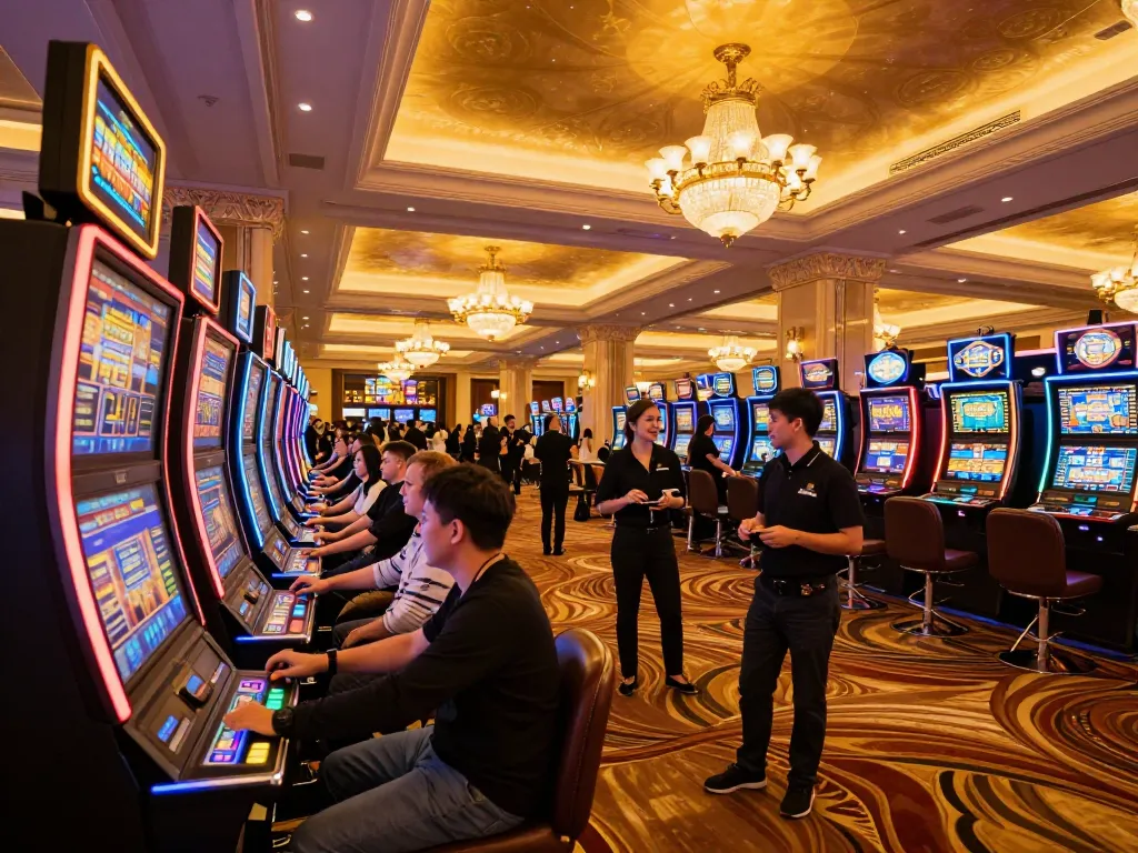 Dynamic scene of eager players engaging with slot machines at 999bet casino, showcasing excitement and luxury atmosphere