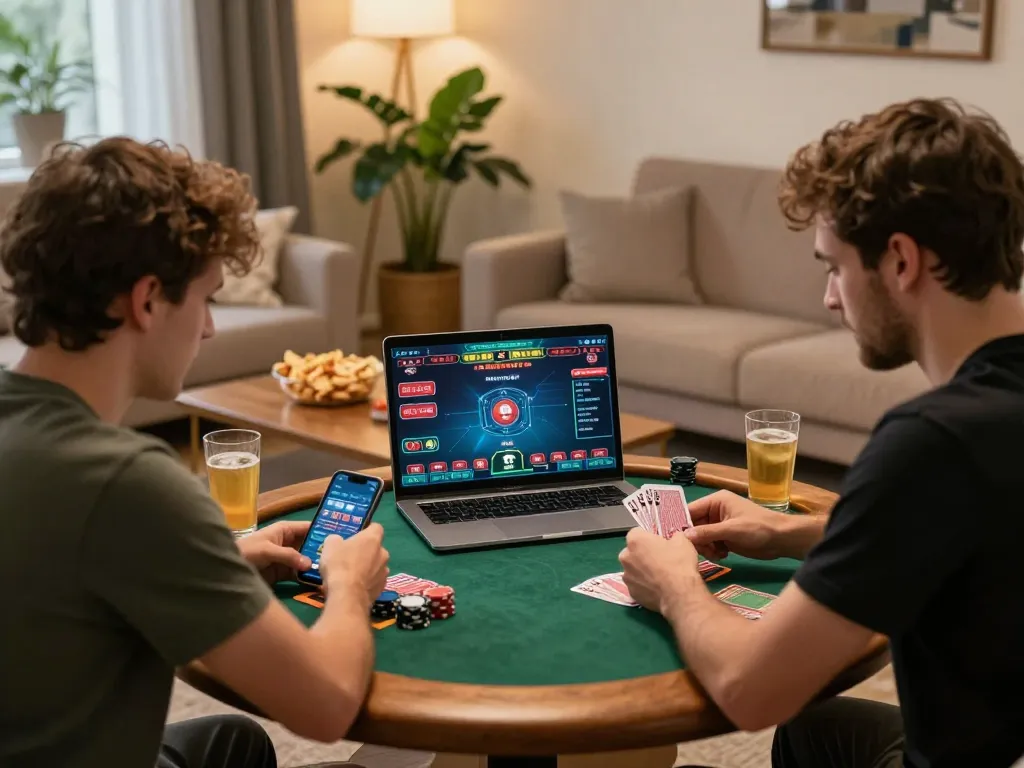 Link đăng ký Bom88 users enjoying a focused online poker game in a cozy home setting.