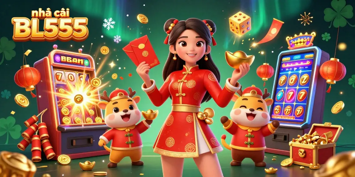 Experience the excitement of nhà cái BL555 with a vibrant 3D illustration of a festive scene featuring games and jackpots.