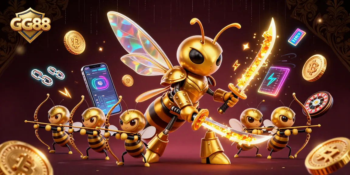 GG88's giant hornet character engages with vibrant casino elements and cryptocurrencies in vibrant 3D