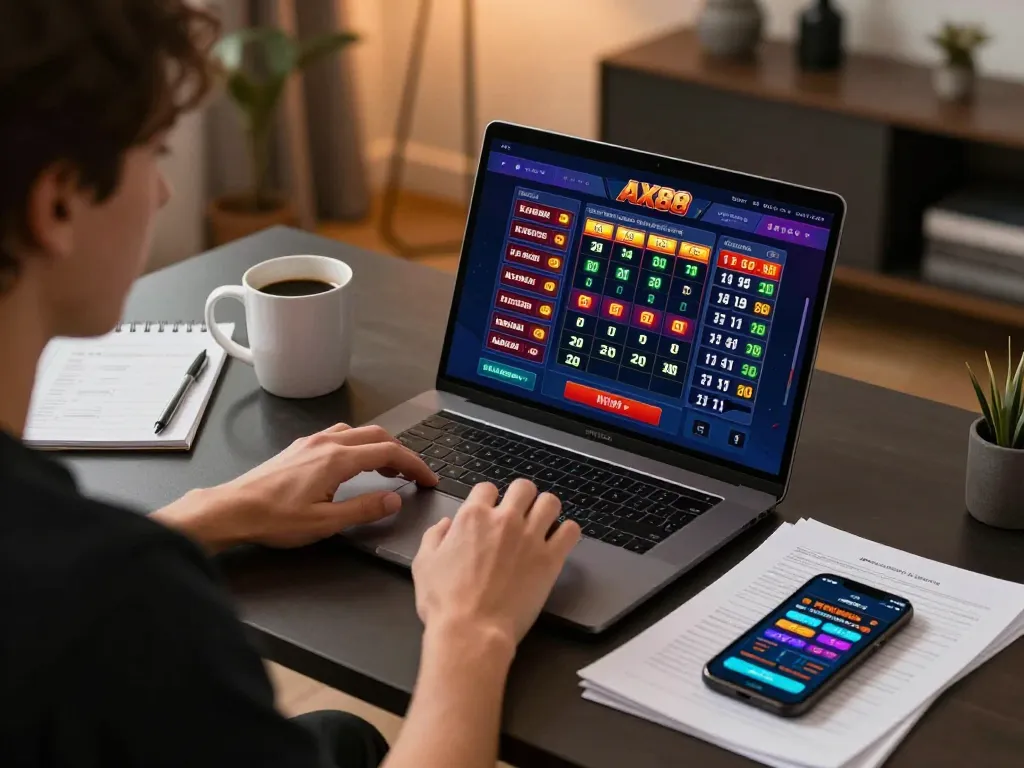Engaging with AX88 online casino on a laptop, showcasing responsible gaming strategies.