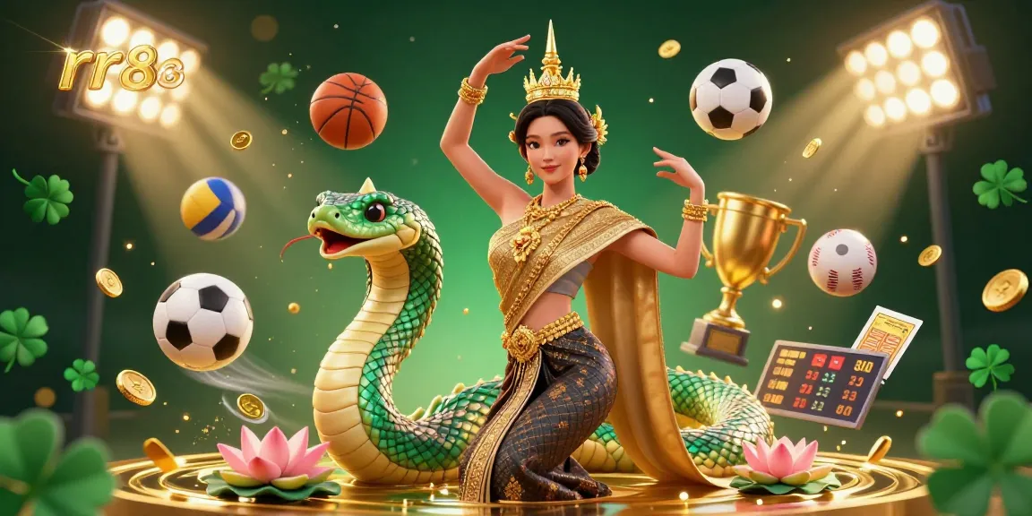 Experience winning moments at rr88, where a graceful Asian dancer and Naga serpent accompany dynamic sports elements in a vibrant casino scene.