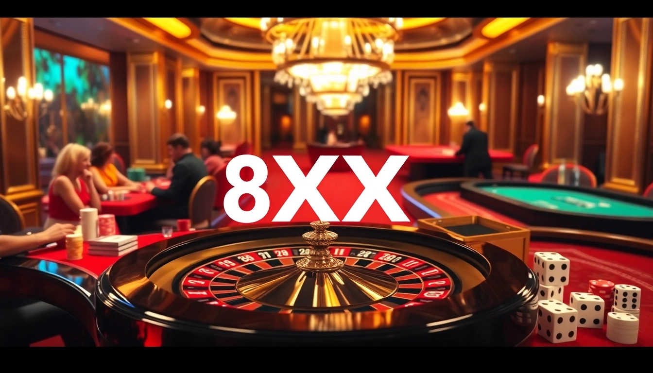 Experience high-stakes excitement at 8XX casino with roulette wheels, poker chips, and immersive gaming.