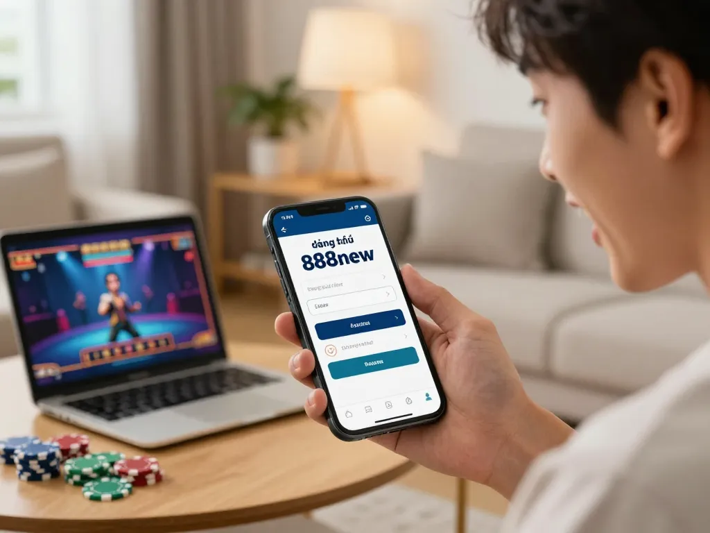 Excited player đăng ký 888new on a smartphone in a cozy home setting with casino elements.