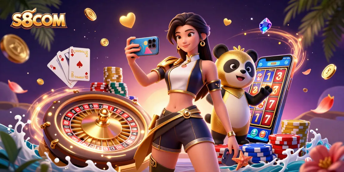 S8COM engages players with vibrant casino games showcased in a dynamic 3D scene featuring vivid characters and rich visuals.