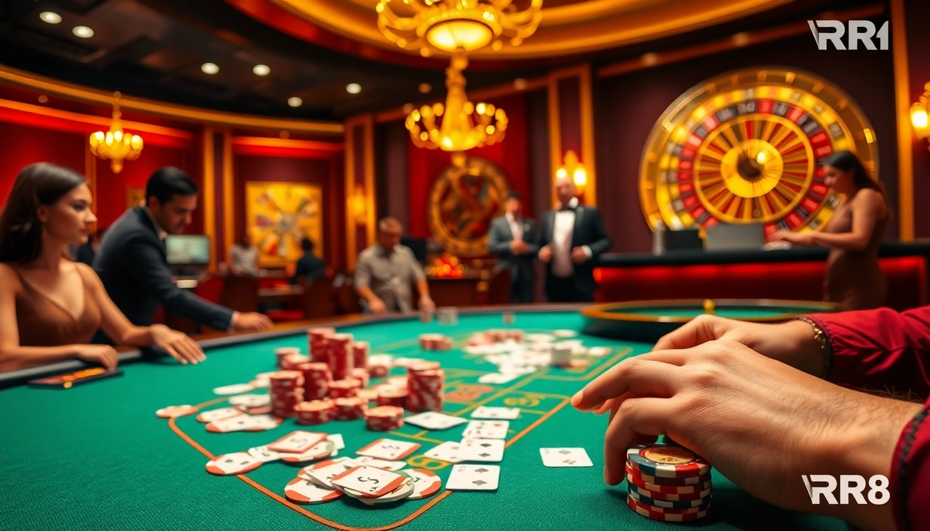 Players strategizing and winning at a dynamic RR88 casino poker table with vibrant chips.