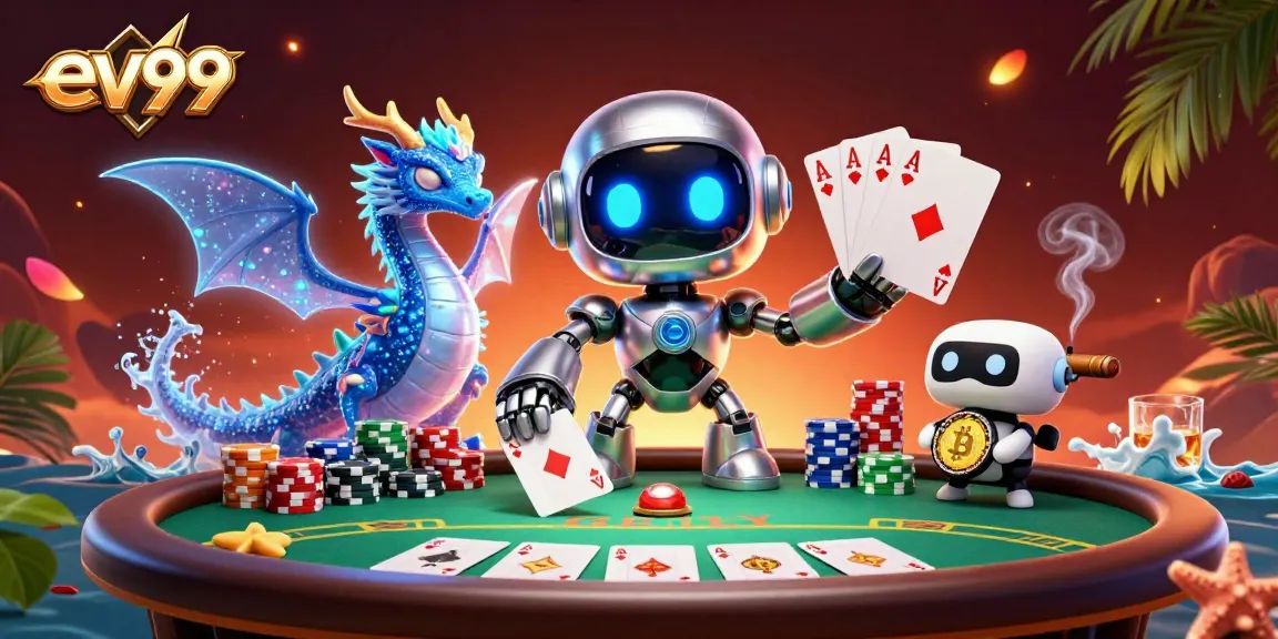 Experience thrilling poker action at ev99 with a cyberpunk robot, AI dragon, and bitcoin drone.