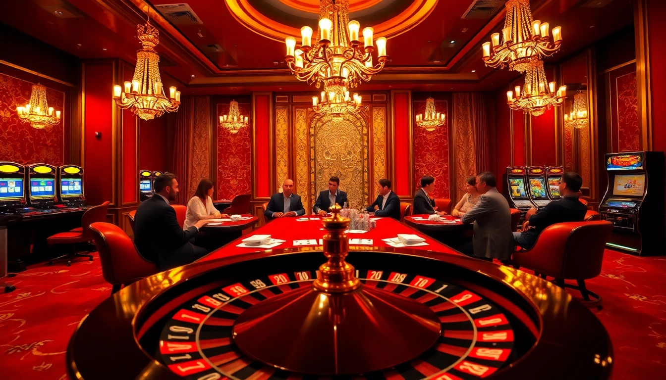 Players engaging in a thrilling game of poker at https://cm888.mobi/, surrounded by luxurious casino decor.