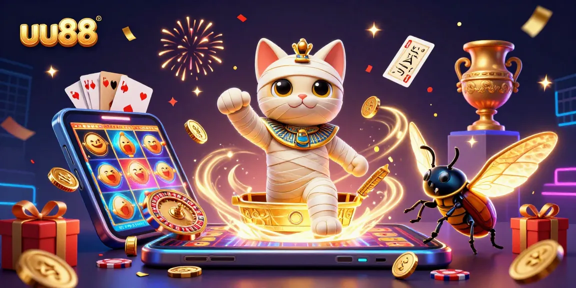 Join the excitement at uu88, featuring a cartoon mummy cat and glowing scarab in a vibrant casino scene.