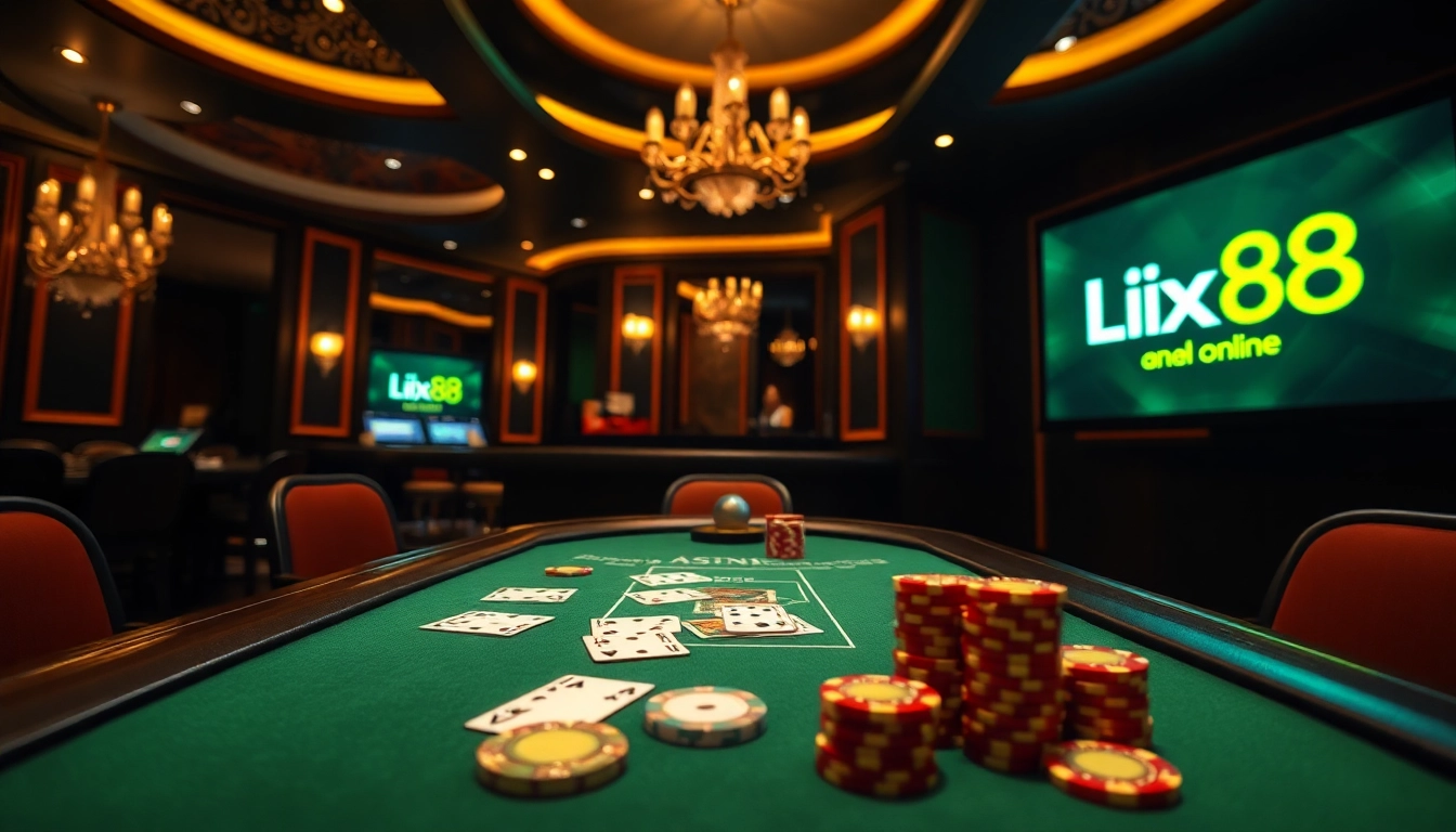 Lixi88 online casino scene showcasing a vibrant gaming table with polished poker chips and cards.