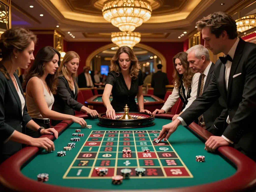 Experience the thrill of betting at 888now.cfd roulette table with eager players and vibrant casino decor.