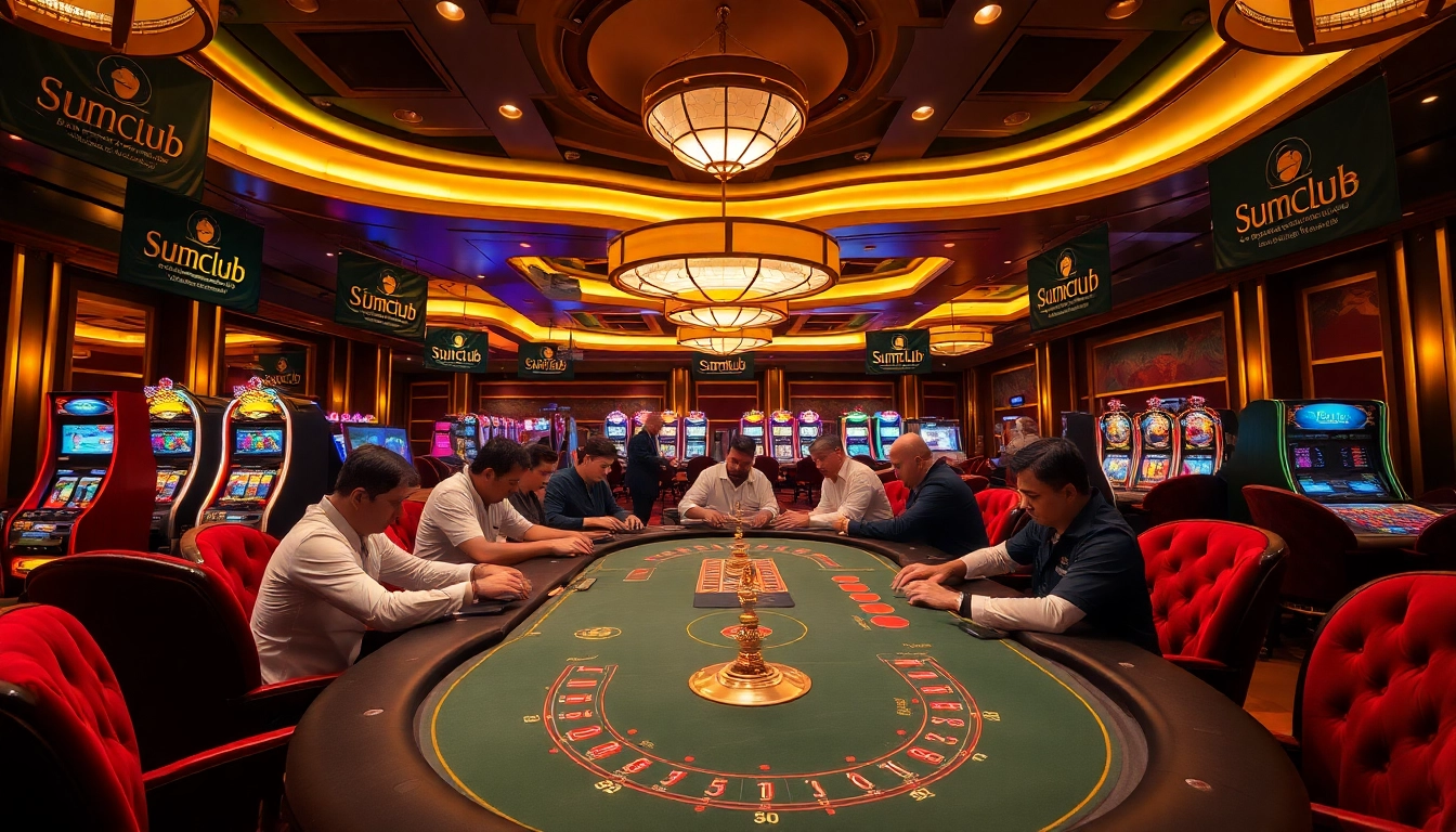 Experience the thrill of high-stakes gambling at Sumclub with vibrant casino tables and players.