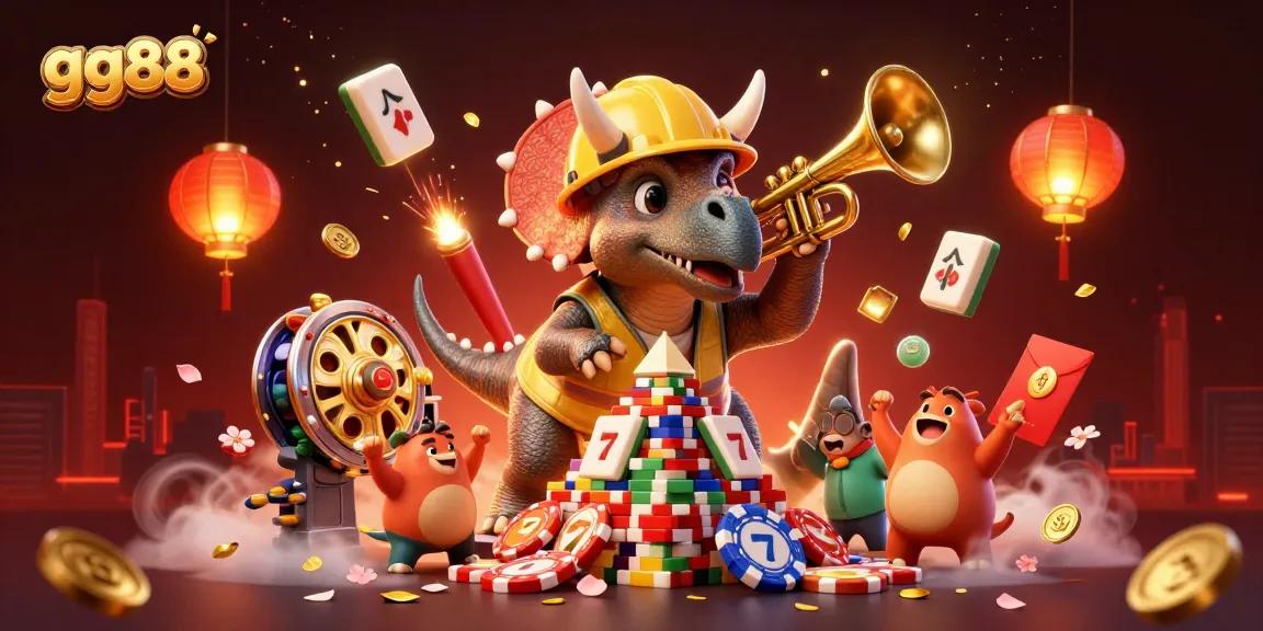 Experience fun with gg88 as cartoon characters build poker chip pyramids amid vibrant casino elements.