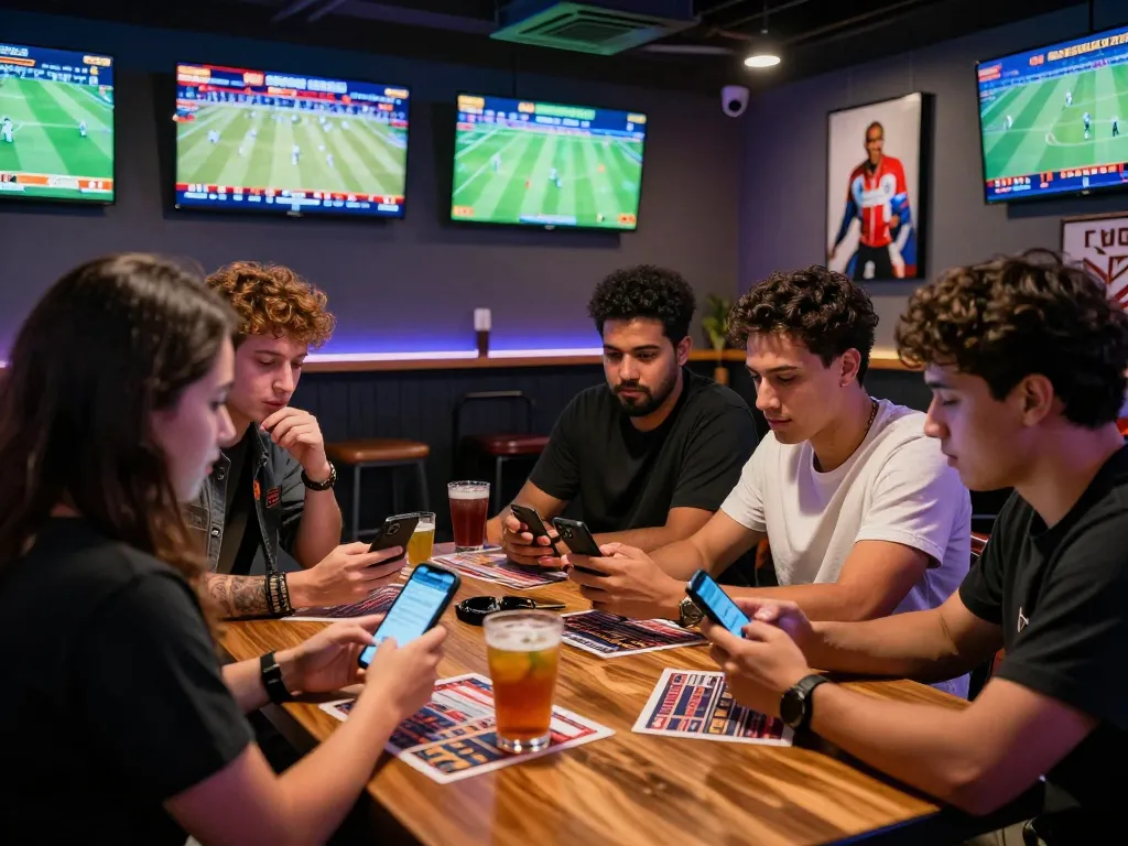 Enthusiastic bettors discussing tỷ lệ kèo in a vibrant sports betting lounge.