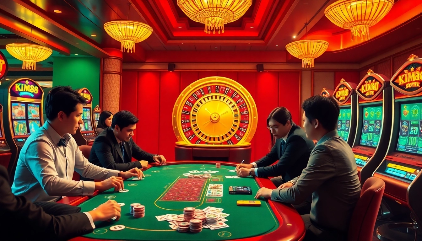 KIM88 poker table scene capturing excitement with chips and cards, showcasing a vibrant casino atmosphere.