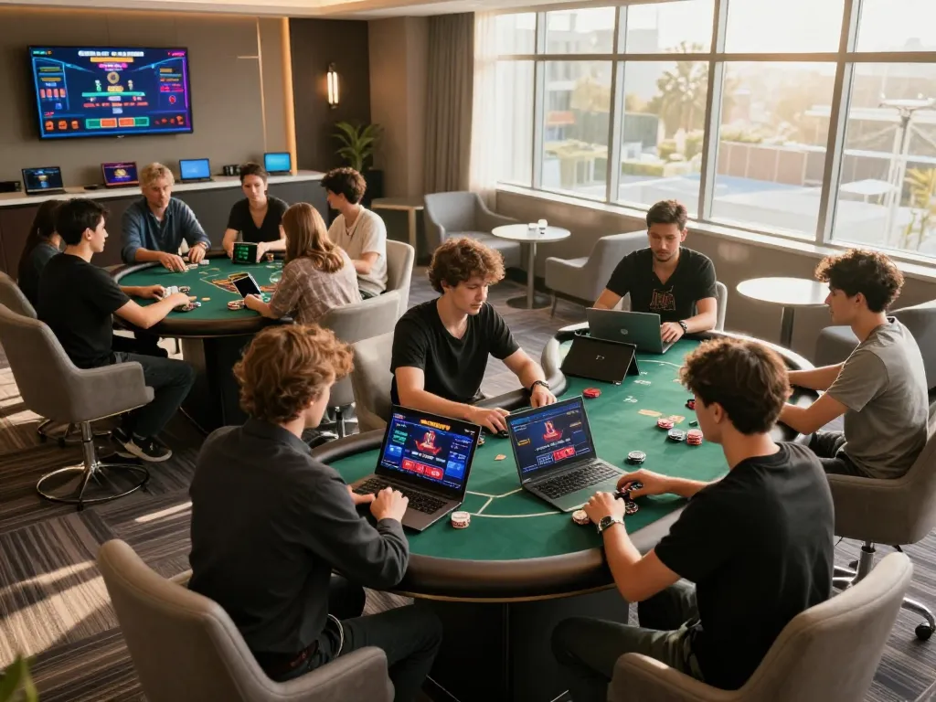 Players strategizing in an exciting online poker setting at https://www.c168marketing.com/ with laptops and tablets.