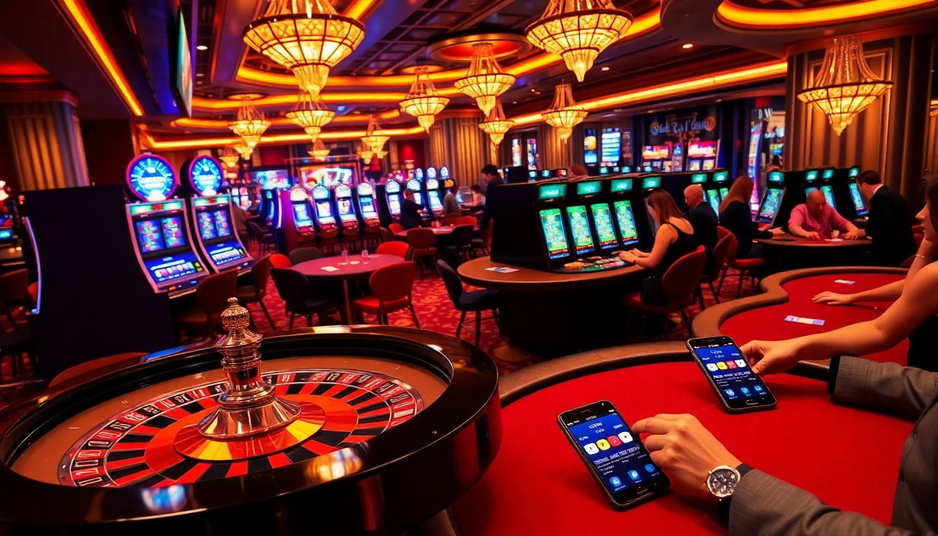 Engaging gaming atmosphere at เว็บตรง soibet casino with players on slot machines and poker tables.