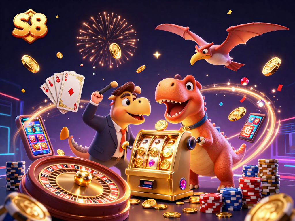 S8 jackpot activation as a pachycephalosaurus hits a slot machine, coins cascading everywhere.