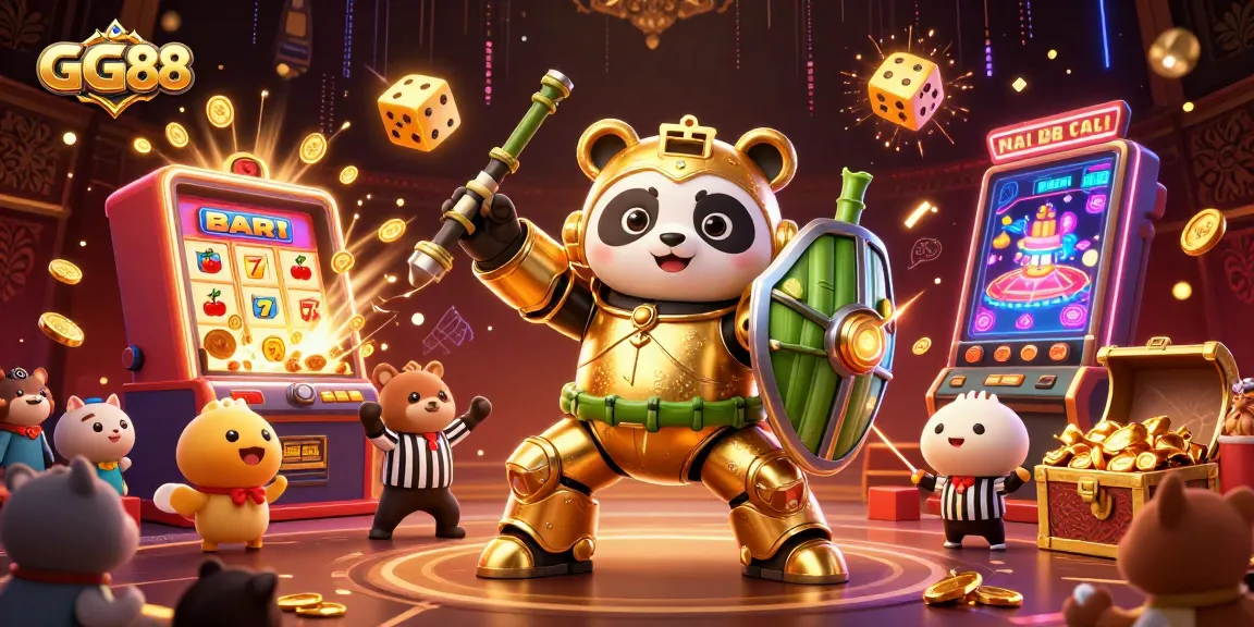Experience the excitement as GG88 showcases a professional casino environment with 3D characters and vibrant slot machines.