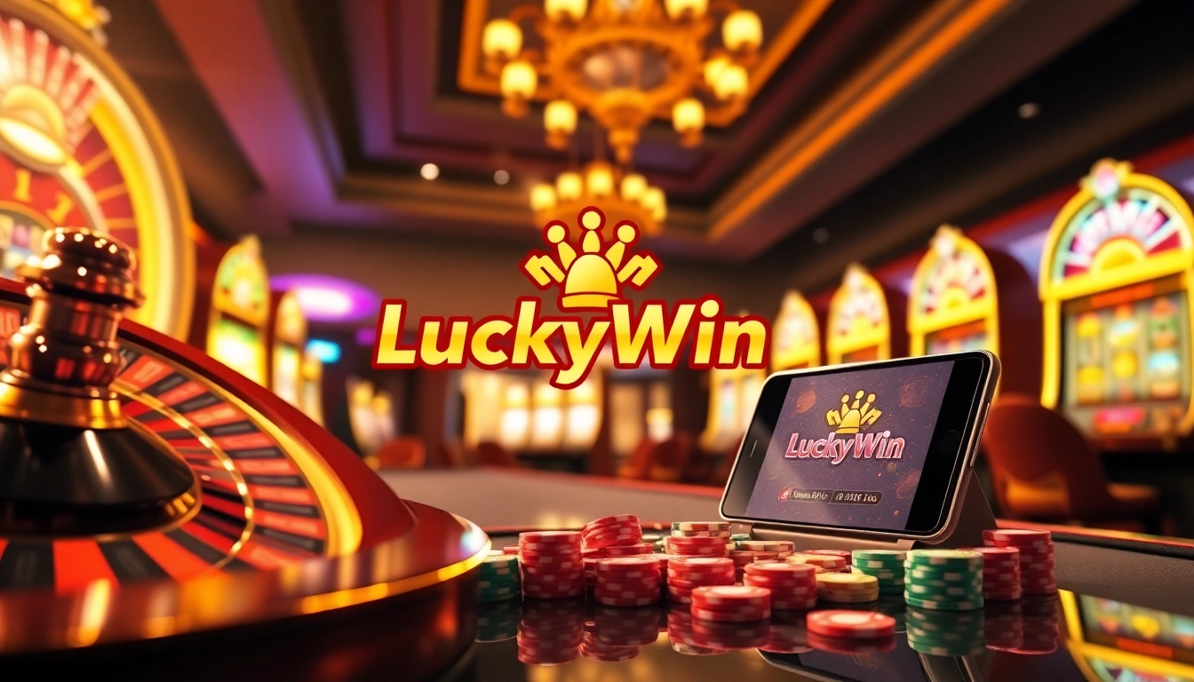 Winning at LuckyWin with vibrant slot machines and a roulette wheel in a luxurious casino setting