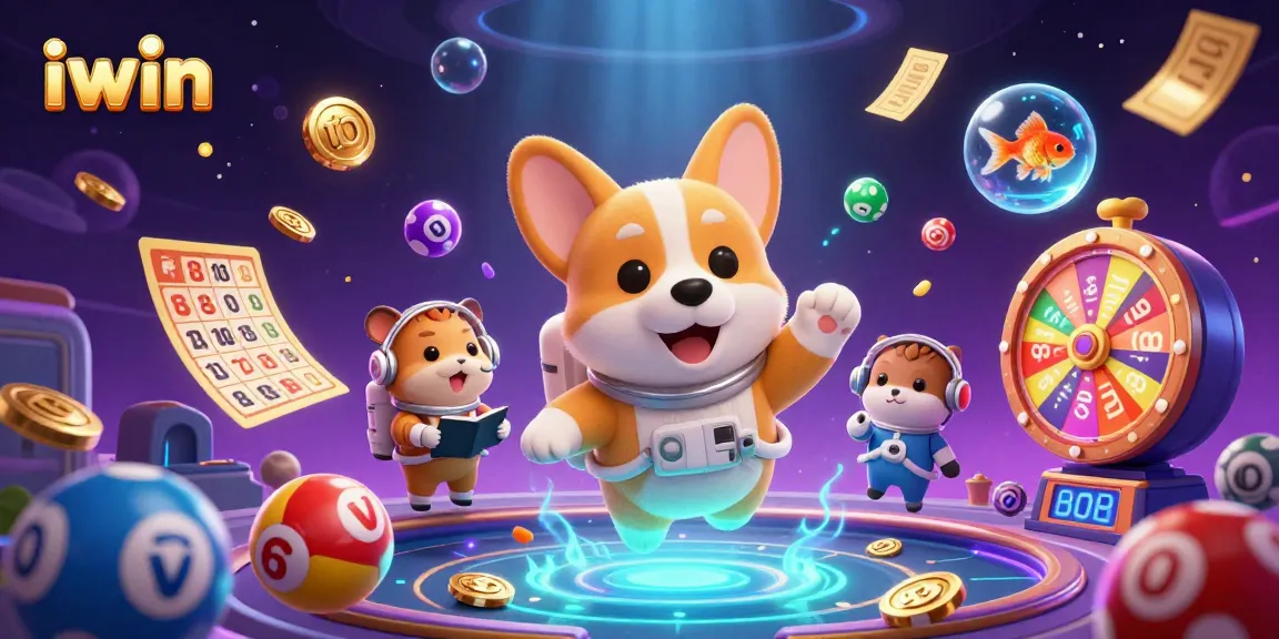 Experience thrilling gaming at iwin's vibrant cosmic casino with floating characters and lottery excitement.