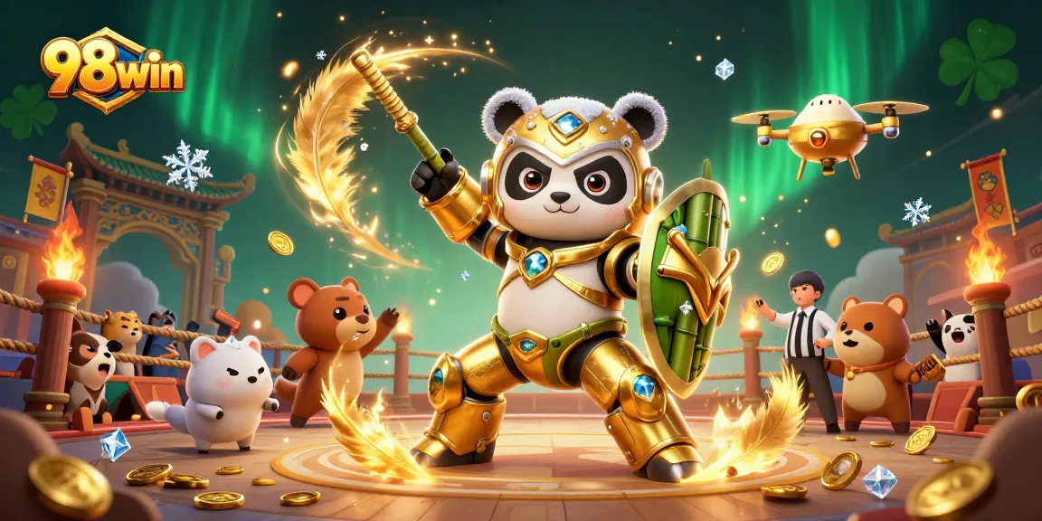 Experience the excitement of 98win with a golden panda and dynamic casino-themed arena