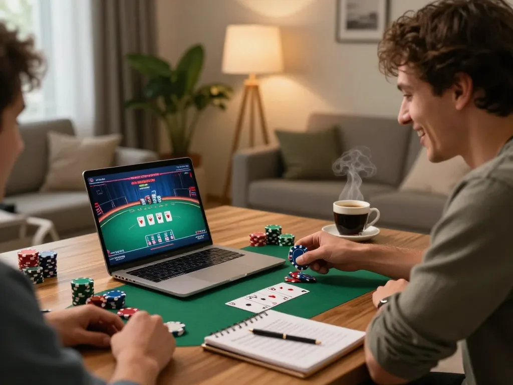 Excited player engaging in online poker gameplay on https://go8.agency/ with strategic notes and cozy ambiance.