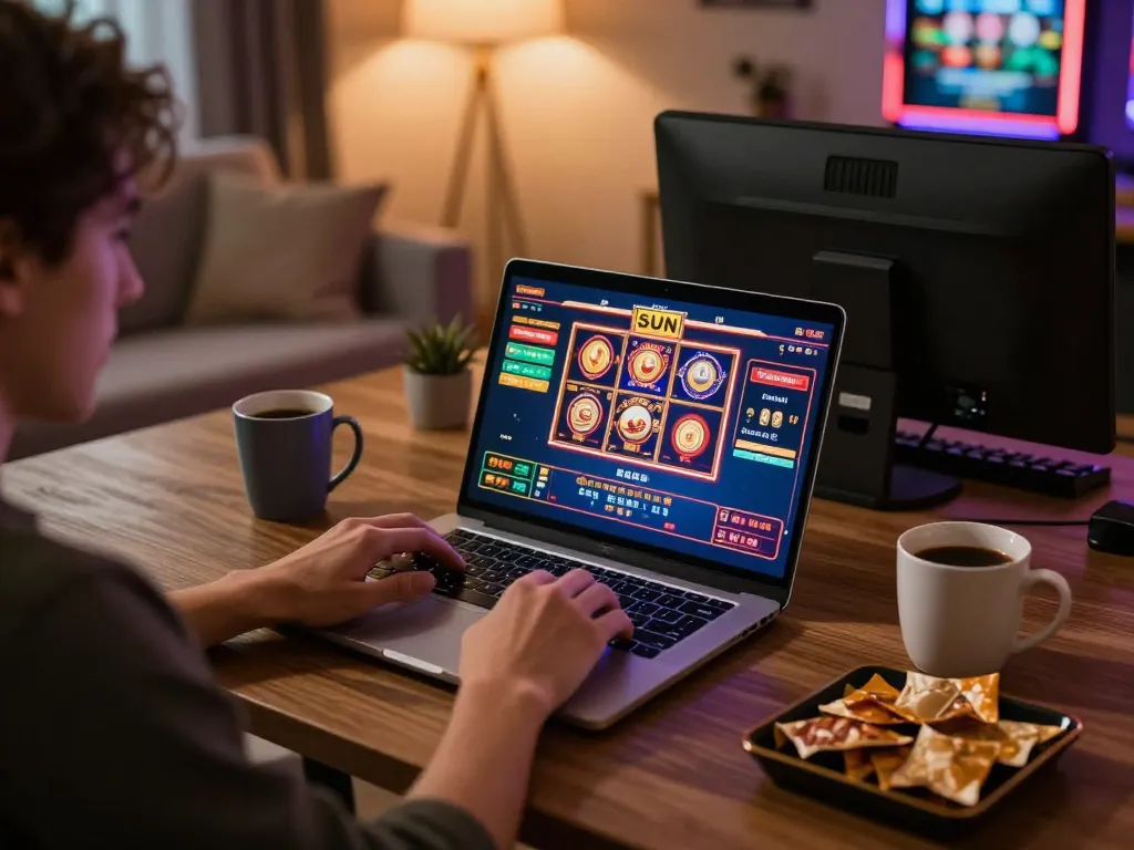 Player enjoying Sun win on laptop in cozy home setting, highlighting strategic online gaming.