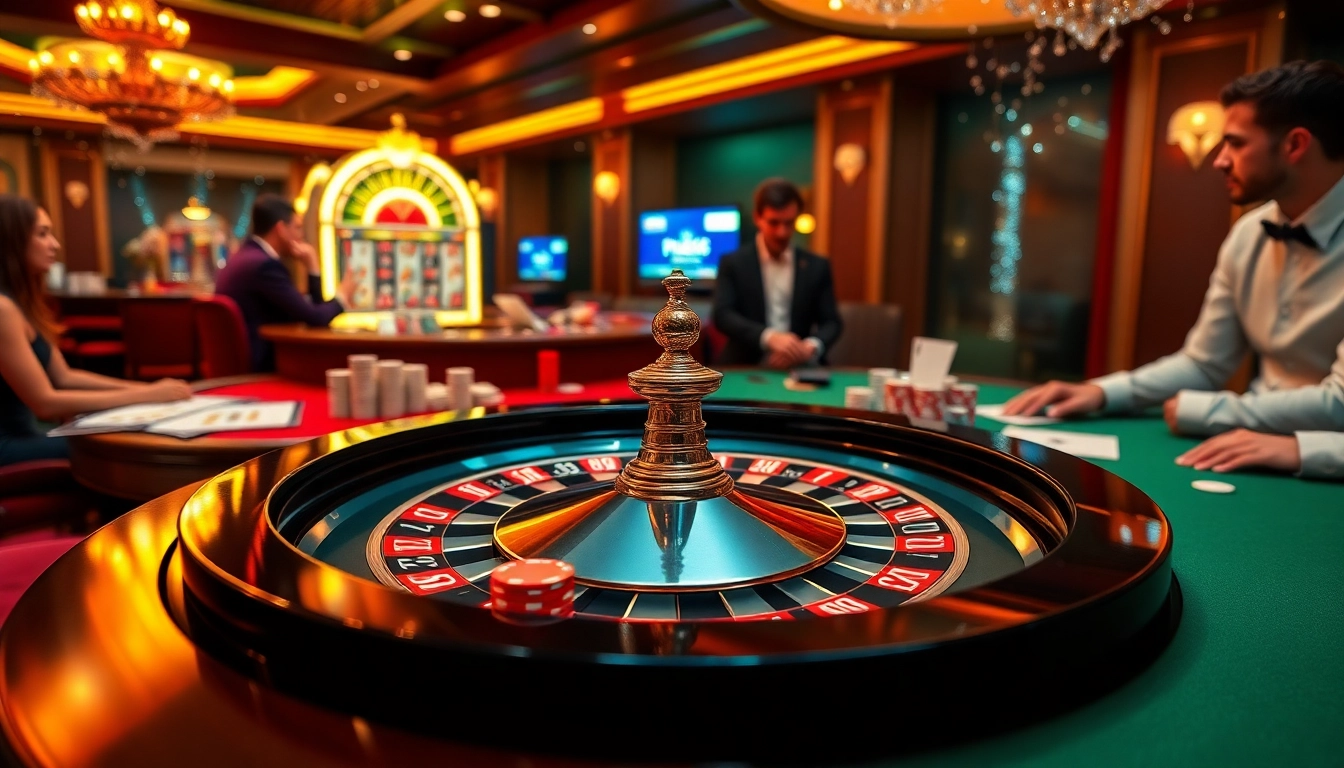 Players engaging in exciting table games at https://pub88.in.net/ casino environment filled with vibrant colors and luxury.