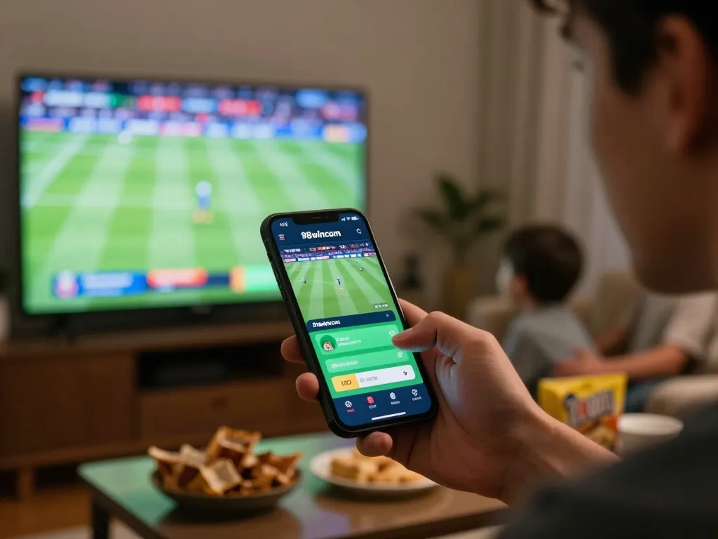 Player utilizing 98wincom mobile app for sports betting in a cozy home setting.