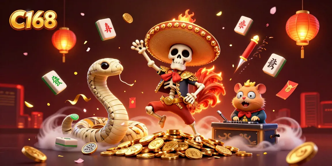 C168 victory dance scene with vibrant gambling elements and lively characters like a skeleton mariachi rooster.